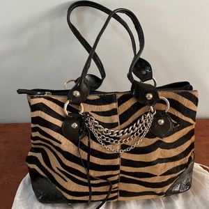 ROBERTA GANDOLFI leather bag zippered purse ITALY patent & zebra hair leather